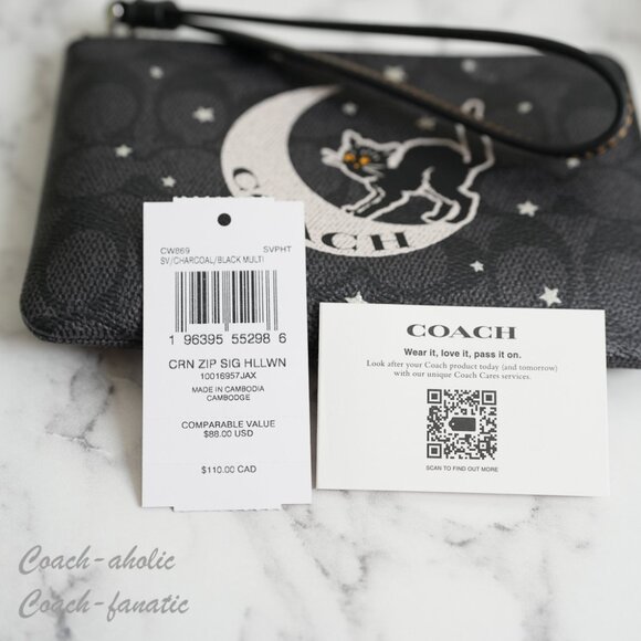NWT Coach CW869 Halloween Corner Zip Wristlet Black Cat Moon Signature - Picture 7 of 7
